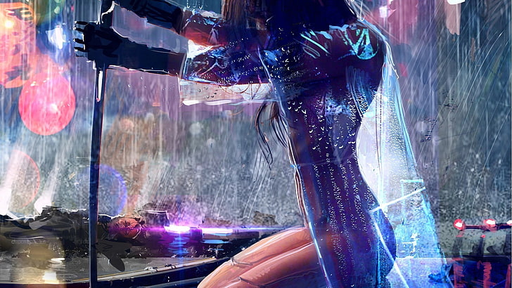 wanita mengenakan atasan ungu, karya seni, hujan, cyberpunk, pedang, futuristik, wanita, Wallpaper HD