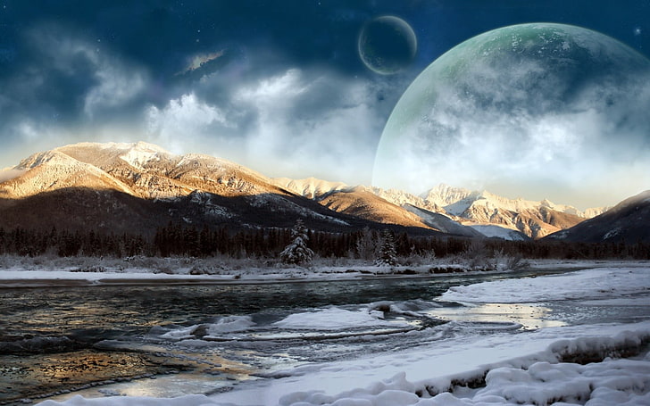 montañas cubiertas de nieve y cuerpo de agua ilustración, paisaje, manipulación de fotos, Fondo de pantalla HD