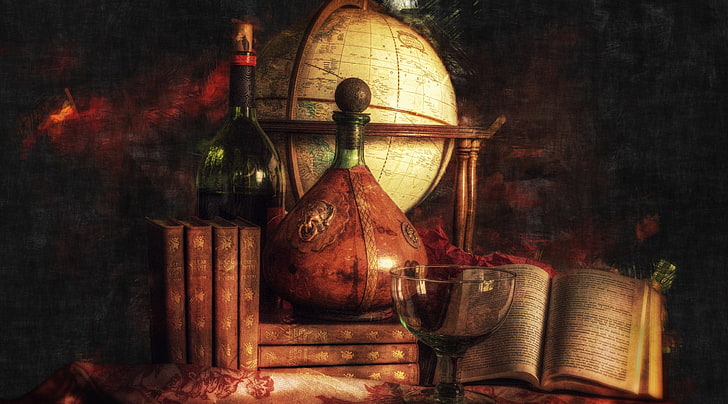 Love Potion, glass decanters and books painting, Vintage, Love, books, Potion, HD wallpaper