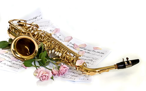 Sassofono, strumento a fiato color ottone, musica, fiori, rosa, sassofono, Sfondo HD HD wallpaper