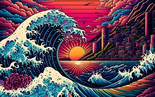 Die große Welle vor Kanagawa, künstliche Intelligenz, 4K, Wellen, Sonnenuntergang, HD-Hintergrundbild HD wallpaper