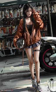  digital art, women, motobike, WLOP, HD wallpaper HD wallpaper