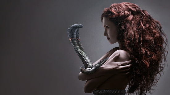 cobra, dark, fantasy, girl, girls, mood, redhead, redheads, snake, snakes, women, HD wallpaper HD wallpaper