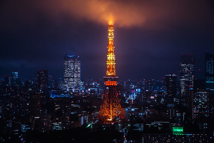 Токийская башня, Япония, ночной город, огни города, Токио, башня, HD обои