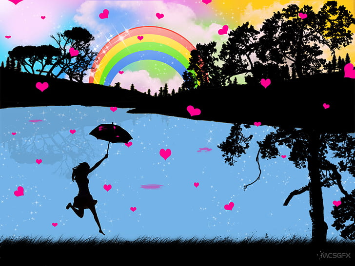 Gotas de amor, arte vetorial de mulher segurando guarda-chuva pulando em direção a árvore, amor, gotas, HD papel de parede