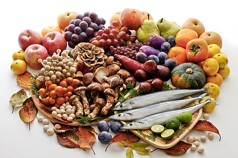 fruit, plum, herring, peach, mushrooms, orange, Vegetables, lime, pear, grape, pistachio, apple, HD wallpaper HD wallpaper