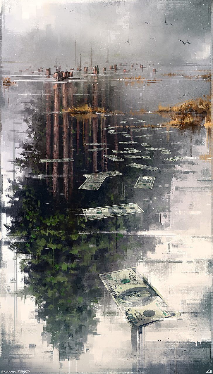 Alexander Zienko, water, dollar, paper, trees, frozen lake, mirror, painting, HD wallpaper