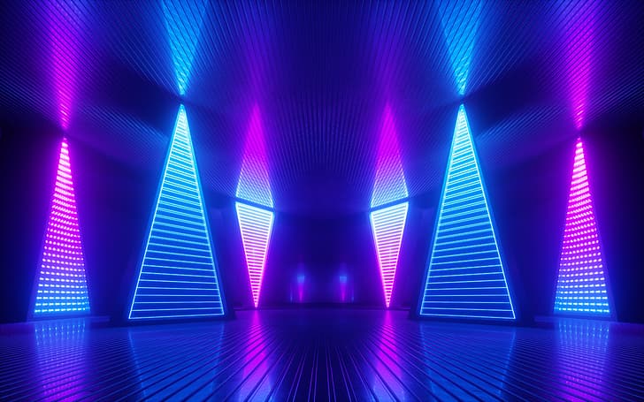 neon, berpijar, lampu, warna-warni, segitiga, abstrak, 3D Abstrak, refleksi, kamar, garis, biru, futuristik, pink, elektronik, kabut, Wallpaper HD