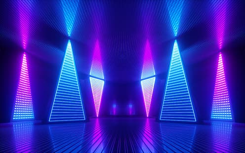 neon, berpijar, lampu, warna-warni, segitiga, abstrak, 3D Abstrak, refleksi, kamar, garis, biru, futuristik, pink, elektronik, kabut, Wallpaper HD HD wallpaper