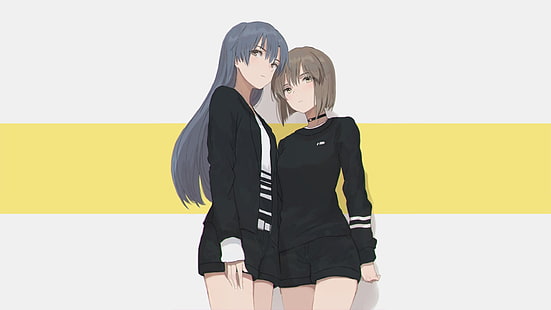 anime, anime girls, manga, minimalism, simple background, gray, gray background, shorts, HD wallpaper HD wallpaper