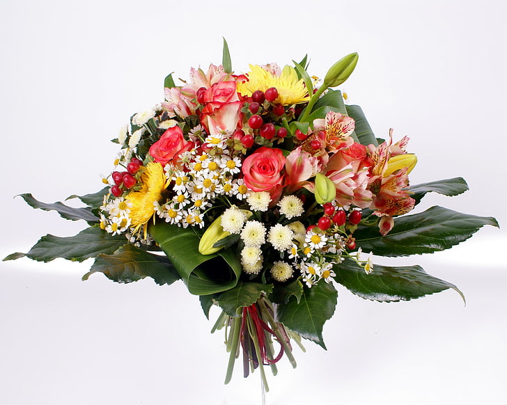 assorted-color flower arrangement, roses, daisies, chrysanthemums, lilies, flower, leaves, HD wallpaper
