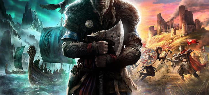 Assassin's Creed: Valhalla, video game, seni permainan, seni digital, viking, Kapak, perahu, perisai, pedang, baju besi, gagak, ultrawide, sangat lebar, Wallpaper HD