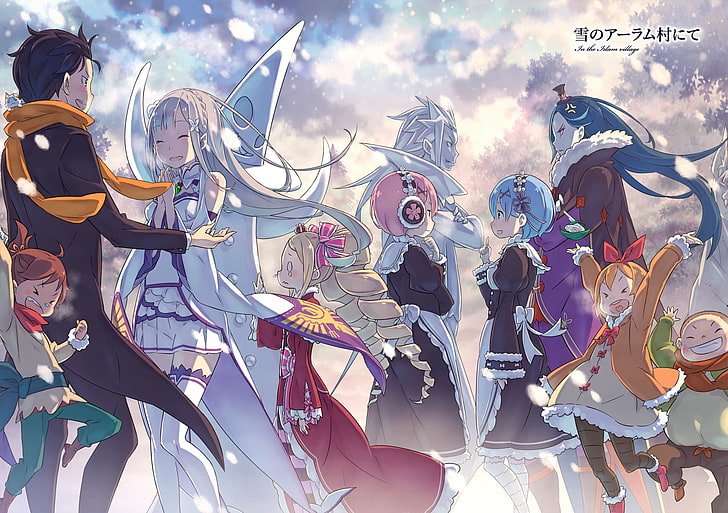 group of girl and boy animated character wallpaper, Anime, Re:ZERO -Starting Life in Another World-, Beatrice (Re:ZERO), Emilia (Re:ZERO), Pack (Re:ZERO), Ram (Re:ZERO), Rem (Re:ZERO), Roswaal L. Mathers, Subaru Natsuki, Wilhelm (Re:Zero), HD wallpaper