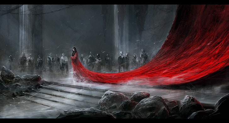 Kobieta ubrana w czerwoną sukienkę cyfrowa tapeta, fantasy art, wybiórcze kolorowanie, grafika, dark fantasy, DeviantArt, Tapety HD