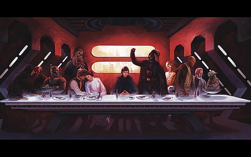 The Last Supper Star Wars parody wallpaper, Star Wars, Anakin Skywalker, Darth Vader, Boba Fett, Chewbacca, Han Solo, Yoda, Darth Maul, artwork, HD wallpaper HD wallpaper