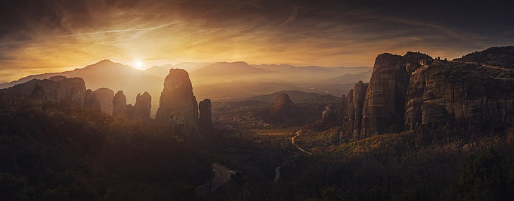 mountains and hills, nature, photography, landscape, panorama, sunset, monastery, rocks, mountains, valley, road, sky, mist, Meteora, Greece, HD wallpaper