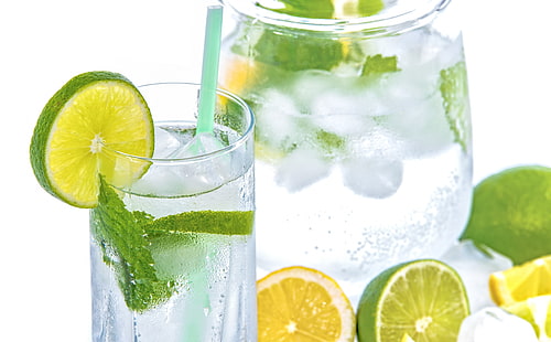 Lemon Lime Mint Soda Fresh Refreshment Drink, lime juice, Food and Drink, Relaxation, Water, Cold, Mint, Fresh, Lime, Fruit, Lemon, Lemonade, Slices, drink, refreshment, icecubes, mineralwater, HD wallpaper HD wallpaper