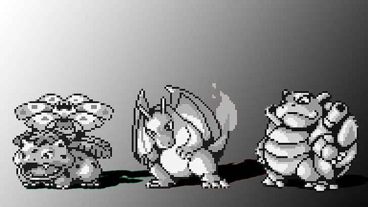 Drei Pokémon-Illustrationen, Pokémon, Venusaur, Charizard, Blastoise, Videospiele, Pixel, Monochrom, HD-Hintergrundbild