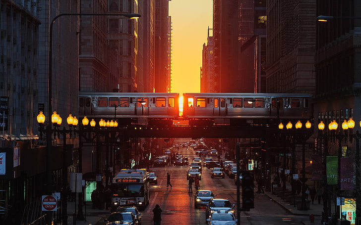 vetrina in legno nero e marrone, Chicago, Illinois, città, tramonto, via, metro, auto, Sfondo HD