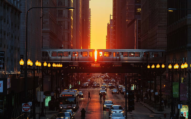 street, sunset, Chicago, metro, city, Illinois, car, HD wallpaper