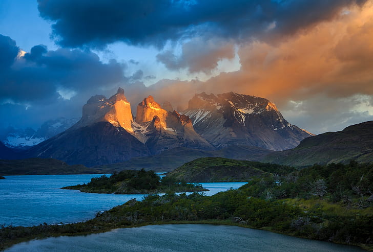 Mountains, Torres del Paine, Chile, Cloud, Cordillera Paine, Earth, Forest, Lake, Landscape, Mountain, Patagonia, Torres del Paine National Park, HD wallpaper