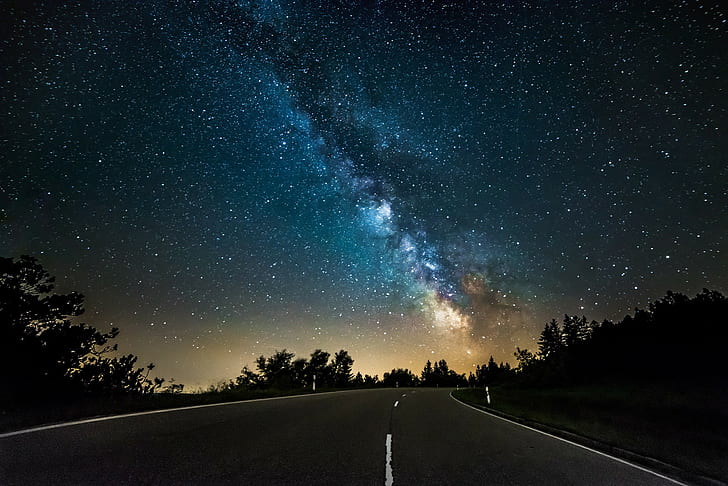 The milky Way, purple and black photography, road, trees, stars, space, light, mystery, silhouette, The milky Way, HD wallpaper