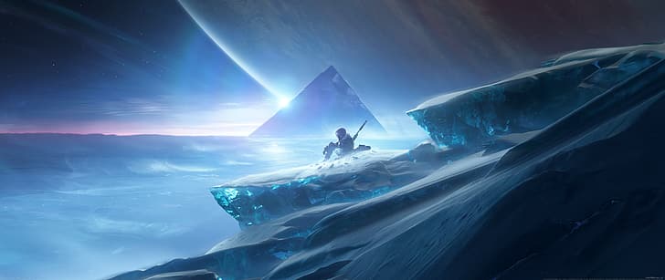 video games, video game art, digital art, pyramid, ice, space, planet, Destiny 2 (video game), watermarked, ultrawide, ultra-wide, HD wallpaper