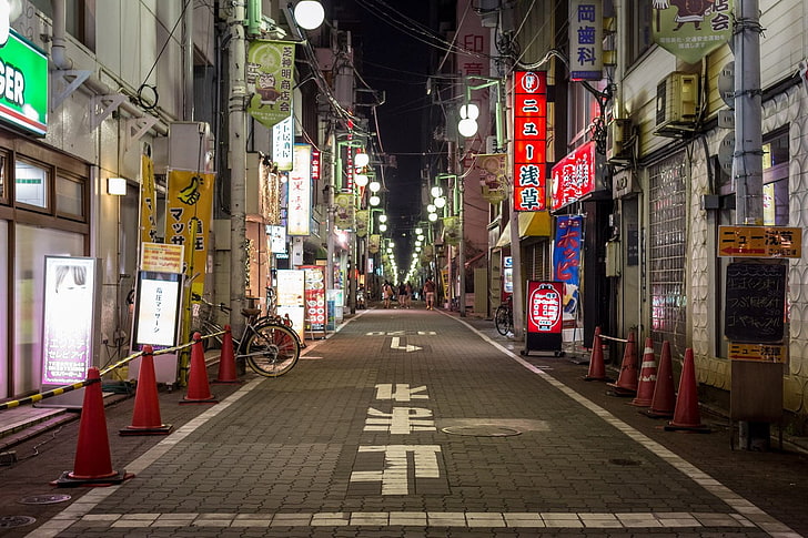 Japonya, yol, gece, sokak, trafik konisi, HD masaüstü duvar kağıdı