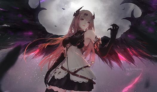 Аниме, Granblue Fantasy, Ангел, Темный ангел Оливия, Рога, Крылья, HD обои HD wallpaper