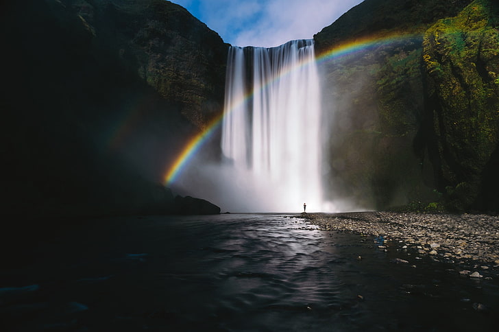 camisa preta masculina, paisagem, natureza, fotografia, Chill Out, Islândia, Boontohhgraphy, raios de sol, cachoeira, arco-íris, rio, HD papel de parede