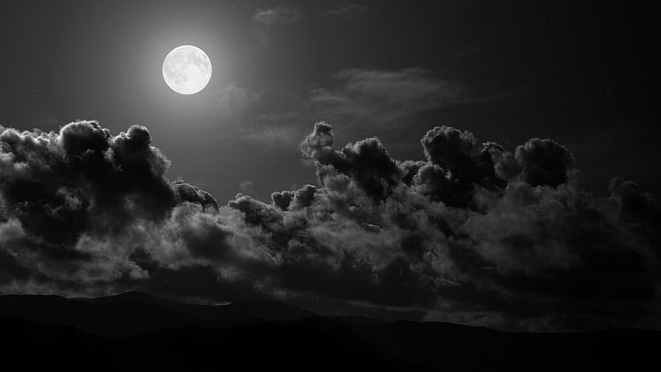 foto en escala de grises de luna llena, nubes, monocromo, naturaleza, paisaje, colinas, luna, luz de la luna, noche, silueta, negro, Fondo de pantalla HD