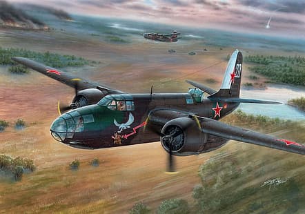 สงครามโลก สงคราม สงครามโลกครั้งที่สอง ทหาร เครื่องบินทหาร อากาศยาน เครื่องบิน เครื่องบินทิ้งระเบิด สหรัฐอเมริกา กองทัพอากาศ กองทัพอากาศสหรัฐฯ Douglas A-20 Havoc Boxart งานศิลปะ รัสเซีย สหภาพโซเวียต, วอลล์เปเปอร์ HD HD wallpaper