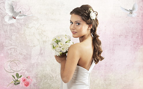 Hermosa novia con un ramo de rosas blancas, Hermosa, Novia, Explotación, Ramo de flores, Blanco, Rosas, Fondo de pantalla HD HD wallpaper