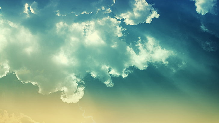 blue and white cloudy sky, sky, clouds, sun rays, HD wallpaper