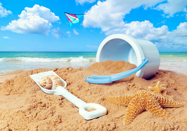 weiße Plastikschaufel, Sand, Meer, Strand, Sonne, Sommer, Sonnenschein, Seestern, HD-Hintergrundbild