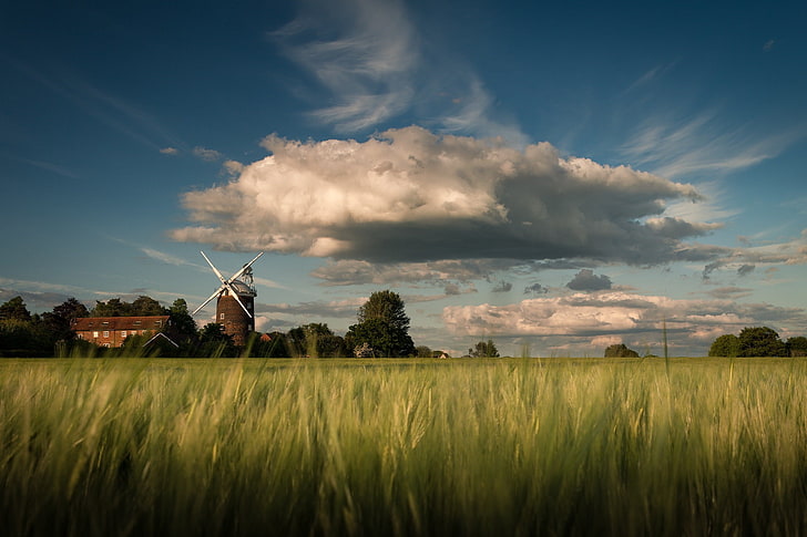 nature, landscape, windmill, clouds, HD wallpaper