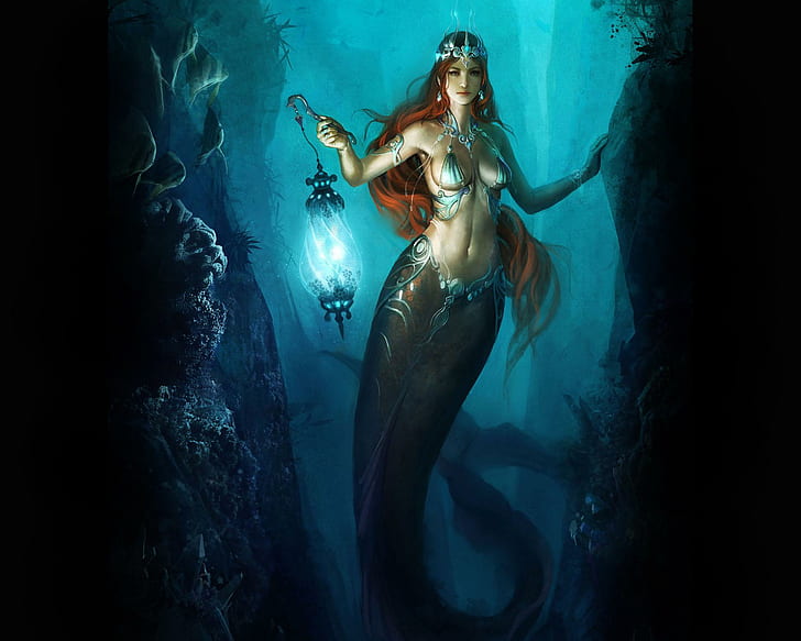 Mermaid With Lamp, lovely, mermaid, dreamer, underwater, beautiful, grace, blue, canyon, pretty, goddess, anime, HD wallpaper