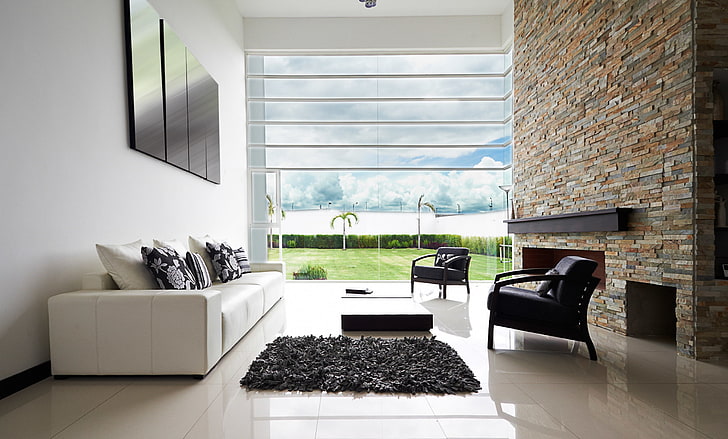 sofá de cuero blanco y alfombra negra, decoración, ambiente, muro de piedra, Fondo de pantalla HD