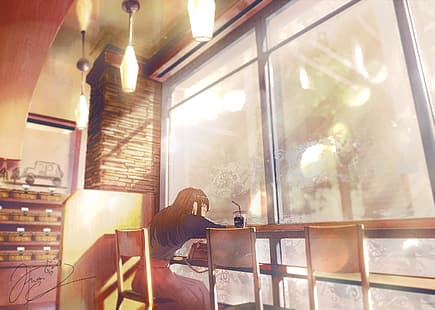  indoors, cafe, anime girls, original characters, HD wallpaper HD wallpaper