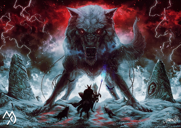 Andrea Guardino, fantasy art, creature, artwork, Odin, Sleipnir, Fenrir, wolf, HD wallpaper