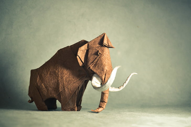 elefante marrone e bianco origami arte, origami, mammut, opere d'arte, mammiferi, Sfondo HD