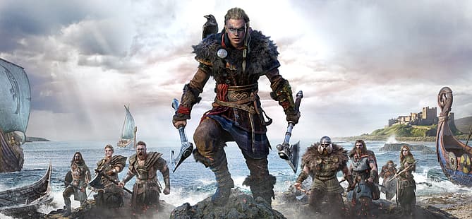 Assassin's Creed: Valhalla, videospel, videospelkonst, digital konst, Yxa, sköld, båt, hav, viking, ultravid, ultrabred, HD tapet HD wallpaper
