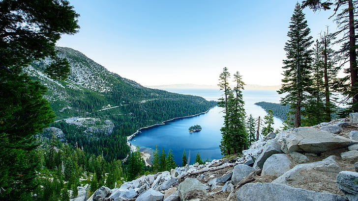 Emerald Bay State Park, Lake Tahoe, State Park, panorama, vue, Fannette Island, Emerald Bay, Californie, États-Unis, USA, Fond d'écran HD