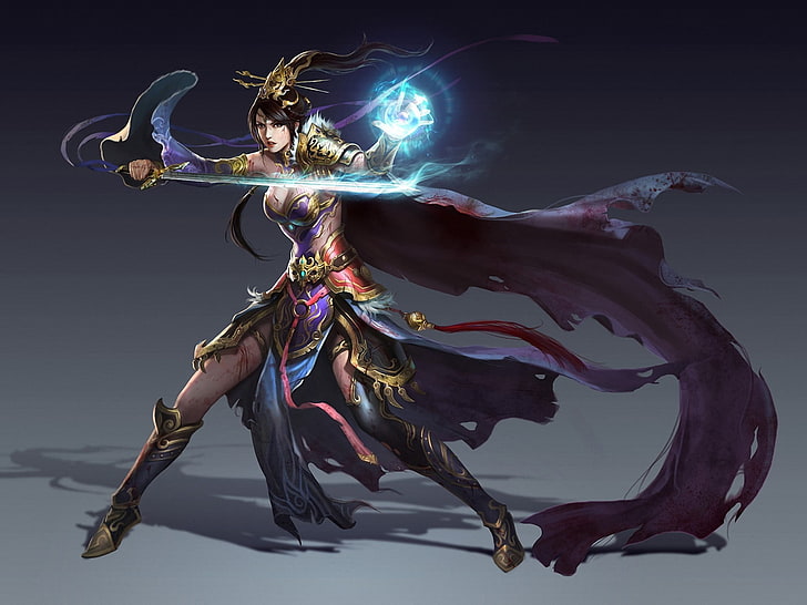woman with sword digital wallpaper, girl, background, magic, sword, fantasy, art, MAG, cloak, HD wallpaper