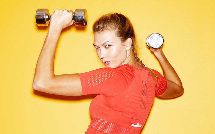 look, yellow, pose, background, sport, model, makeup, t-shirt, hairstyle, brown hair, fitness, red, adidas, pigtail, dumbbells, exercise, Karlie Kloss, Aitken Jolly, The Sunday Times Style, HD wallpaper