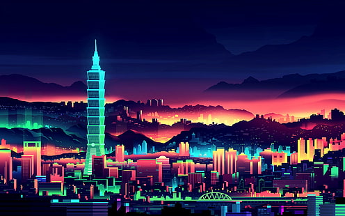 Şehir, Çizim, Taipei 101, Binalar, Işık, Şehir, Çizim, taipei 101, Binalar, Işık, HD masaüstü duvar kağıdı HD wallpaper