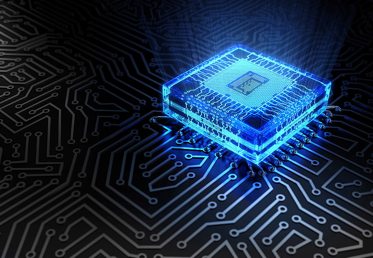 blå datorprocessor 3D-illustration, makro, blå, chip, färg, glöd, avgift, spår, processor, hi-tech, bokeh, tapet., teknik, cyberspace, mikrochip, HD tapet