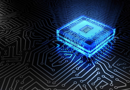 niebieski procesor komputerowy ilustracja 3D, makro, niebieski, chip, kolor, poświata, opłata, utwór, procesor, hi-tech, bokeh, tapeta., technologia, cyberprzestrzeń, mikroczip, Tapety HD HD wallpaper