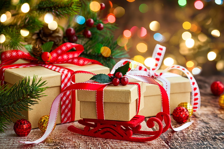 üç Noel hediye kutuları, dekorasyon, Yılbaşı, Noel, hediyeler, Neşeli, HD masaüstü duvar kağıdı