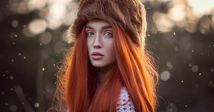 women, redhead, hat, women outdoors, sweater, face, portrait, bokeh, green eyes, long hair, Katy Sendza, fur cap, HD wallpaper